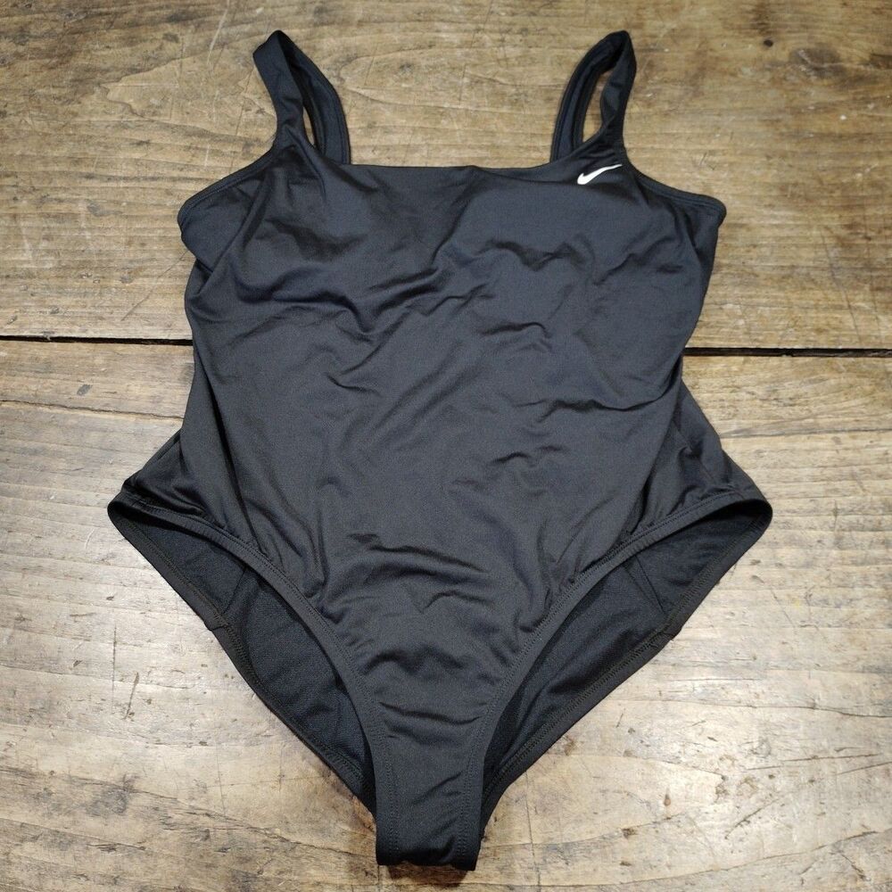 Nike One-Piece Swimsuit Sz XL Black Built in Bra Swoosh Beach Tropical